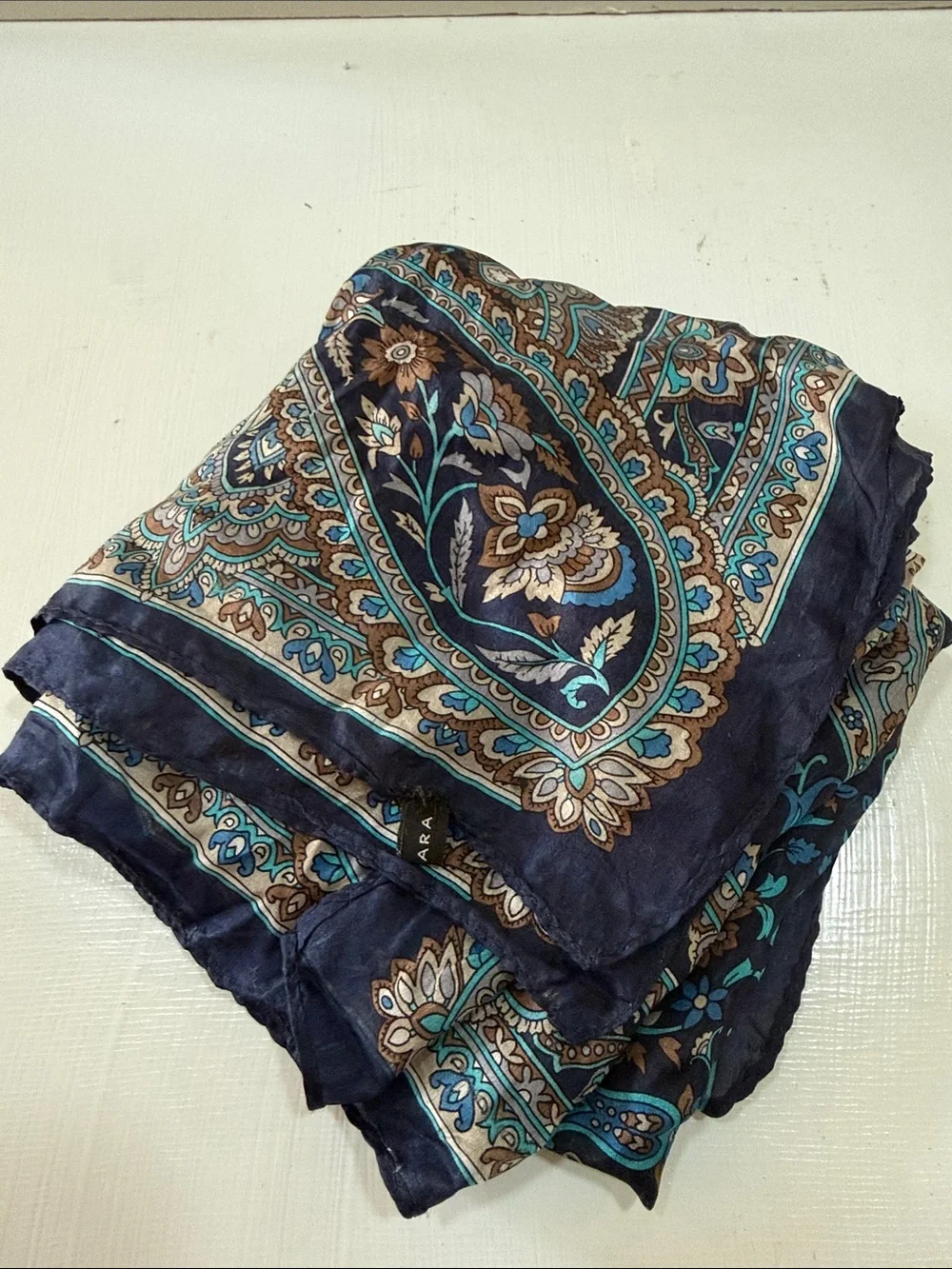 Zara Vintage Navy Paisley Floral Silk Scarf 🧣 with Teal and Tan Accents 25” Sq